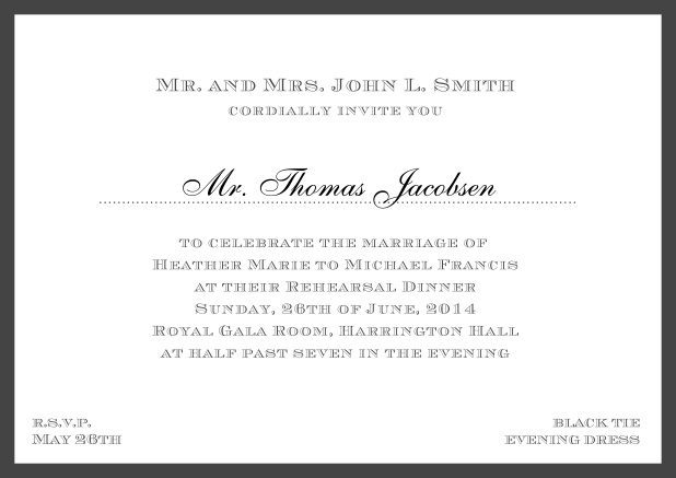 Online classic invitation card with frame and line for the recipient's name. Black.