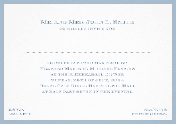 Classic invitation card with frame and place for guest's names - available in different colors. Blue.