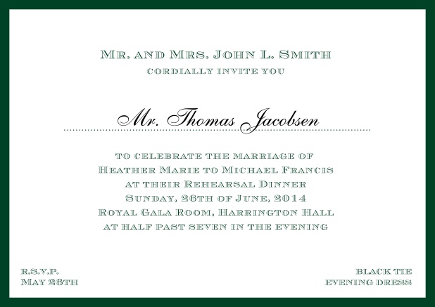 Online classic invitation card with frame and line for the recipient's name. Green.