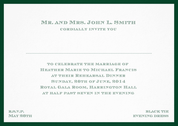 Classic invitation card with frame and place for guest's names - available in different colors. Green.