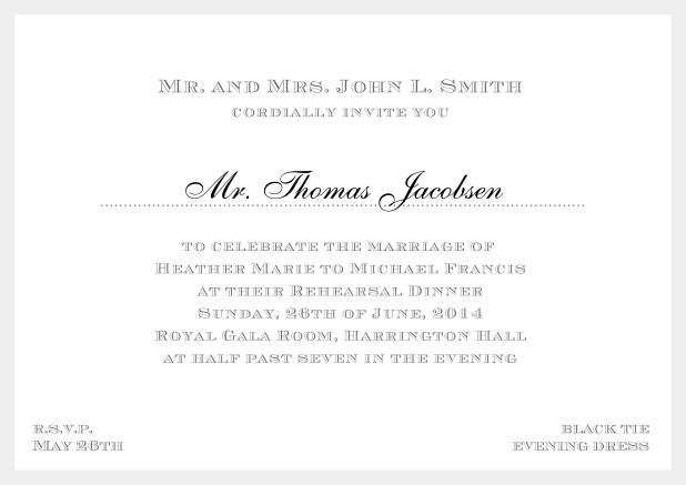 Online classic invitation card with frame and line for the recipient's name. Grey.