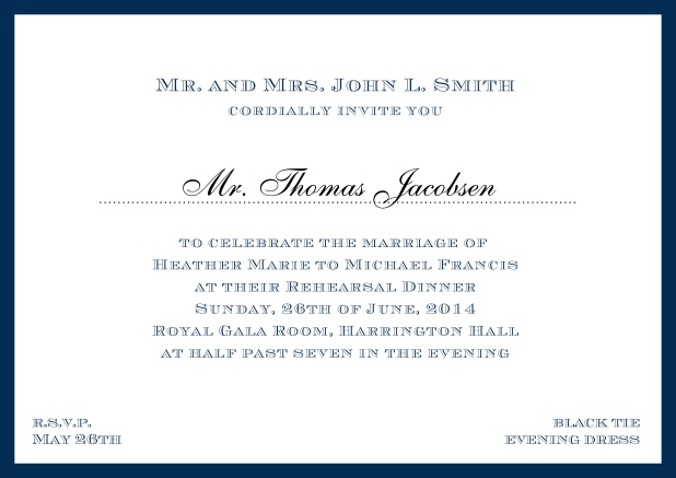 Online classic invitation card with frame and line for the recipient's name. Navy.
