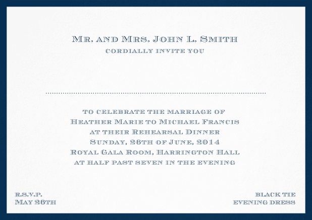 Classic invitation card with frame and place for guest's names - available in different colors. Navy.