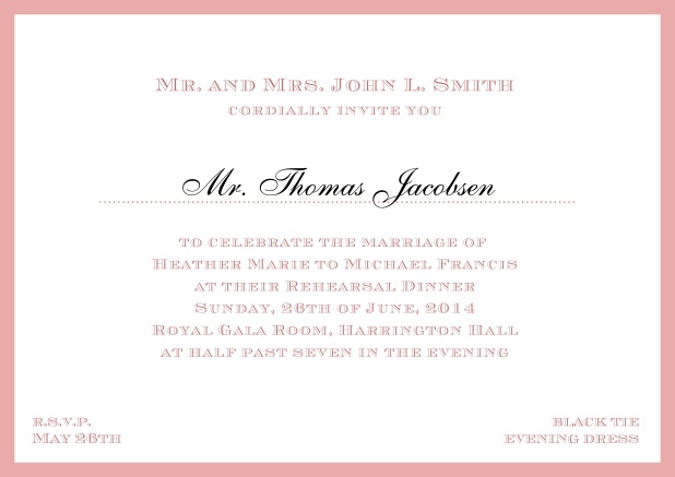 Online classic invitation card with frame and line for the recipient's name. Pink.