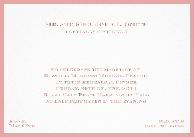 Classic invitation card with frame and place for guest's names - available in different colors. Pink.