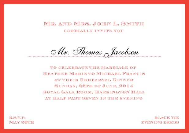Online classic invitation card with frame and line for the recipient's name.