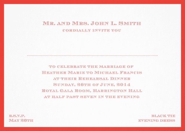 Classic invitation card with frame and place for guest's names - available in different colors. Red.