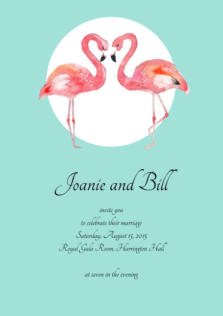 Turquoise online invitation with two flamingos.