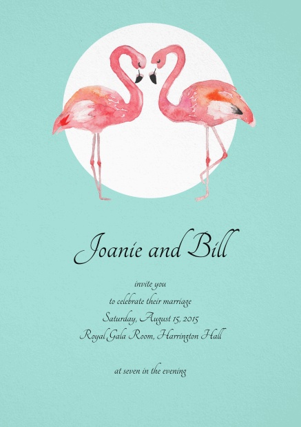 Turquoise invitation card with two flamingos.