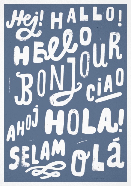 Grußkarte mit dem Wort "Hallo" in mehreren Sprachen.