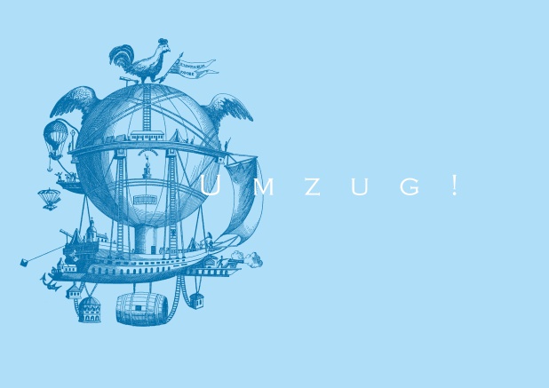 Online Blaue Umzugskarte mit surrealem Motiv und der Aufschrift "Umzug".