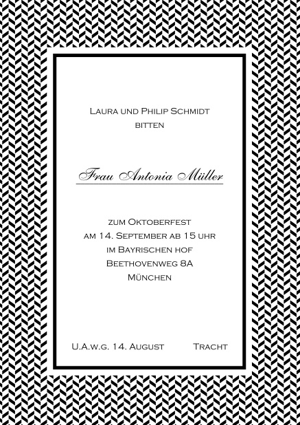 Online Einladungskarte mit Rahmen aus kleinen Wellen und editierbarem Text. Schwarz.