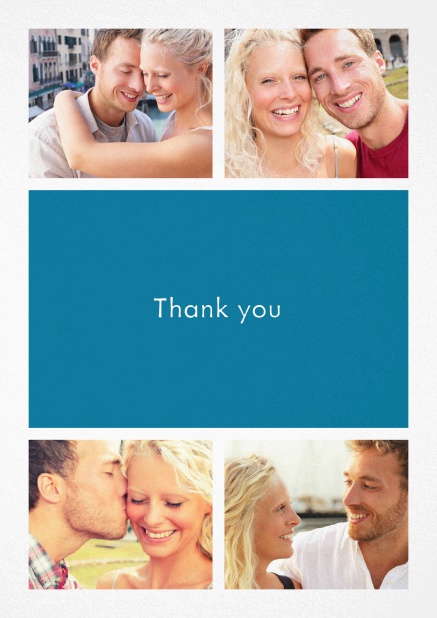Thank you card with four photo fields and a text field in various colors. Blue.