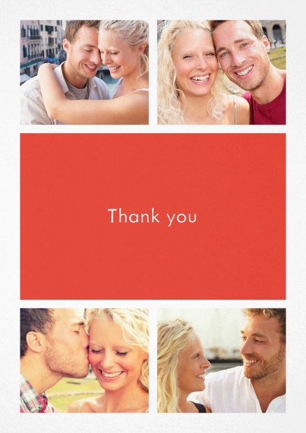 Thank you card with four photo fields and a text field in various colors. Red.