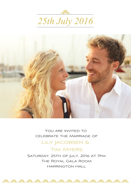 Online Wedding invitation card with date, photo and text. Yellow.