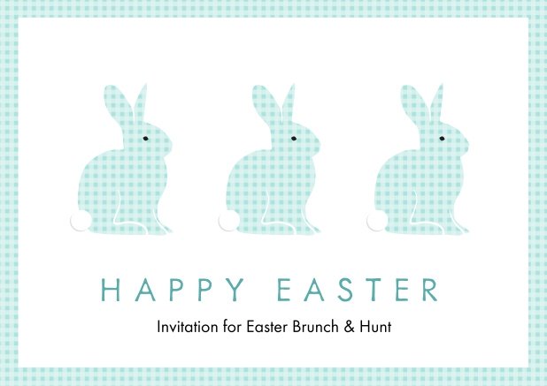 A lively card with three blue Easter bunnies, perfect for Online Easter invitations