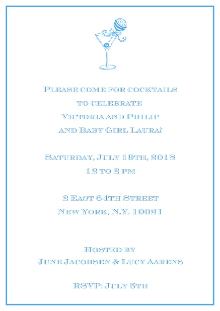 Classic cocktail online invitation card with an illustrated cocktail at the top and thin elegant frame. Blue.