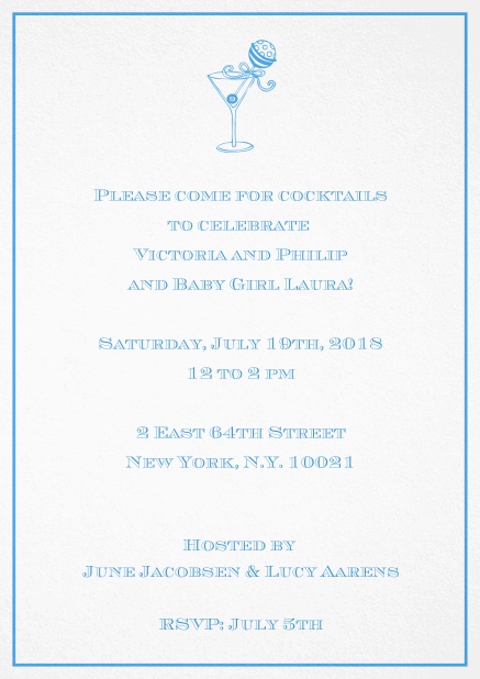 Classic cocktail invitation card with an illustrated cocktail at the top and thin elegant frame. Blue.
