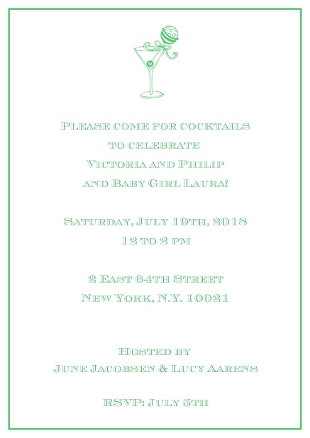 Classic cocktail online invitation card with an illustrated cocktail at the top and thin elegant frame. Green.
