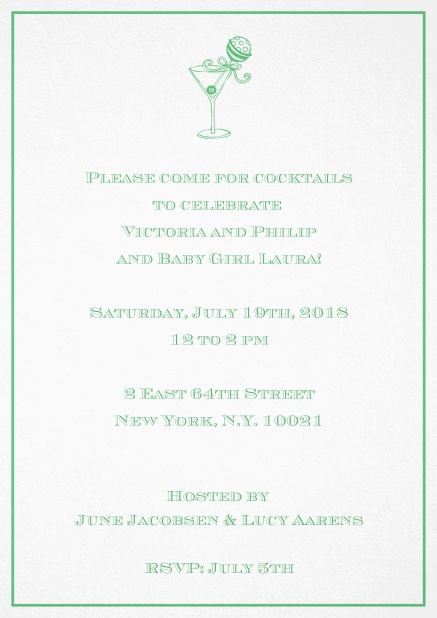 Classic cocktail invitation card with an illustrated cocktail at the top and thin elegant frame. Green.