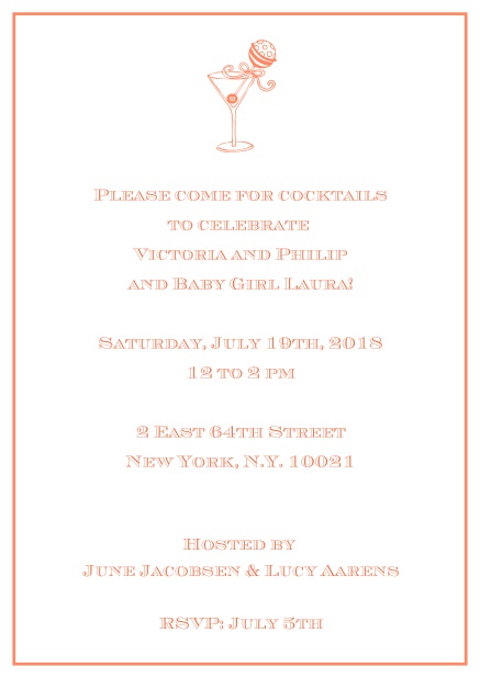 Classic cocktail online invitation card with an illustrated cocktail at the top and thin elegant frame. Orange.