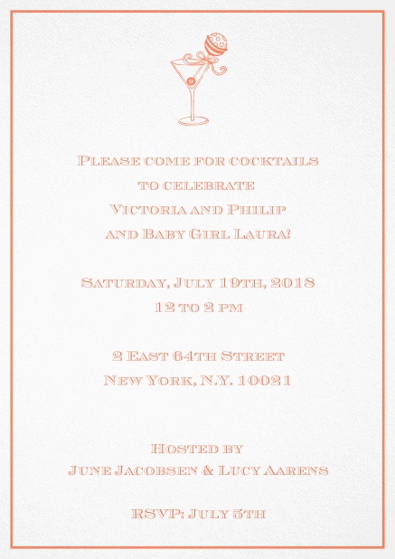 Classic cocktail invitation card with an illustrated cocktail at the top and thin elegant frame. Orange.