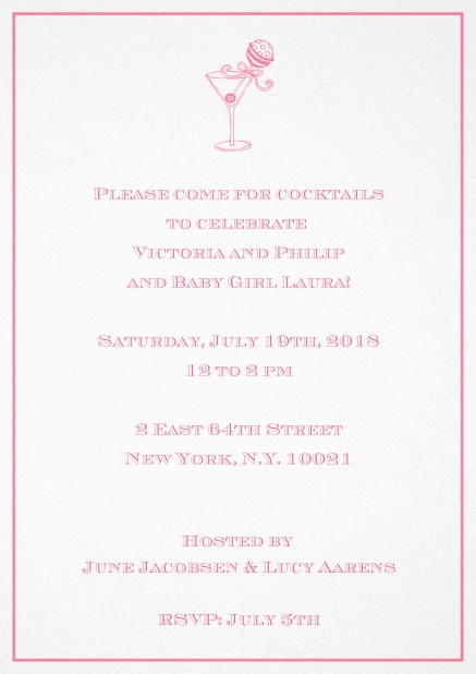 Classic cocktail invitation card with an illustrated cocktail at the top and thin elegant frame. Pink.