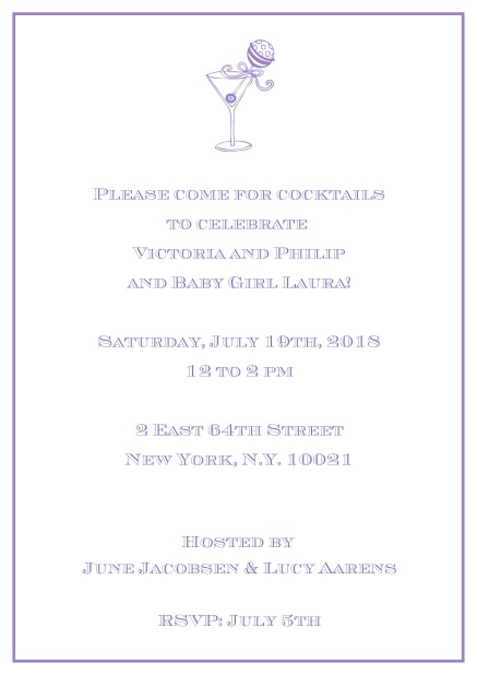 Classic cocktail online invitation card with an illustrated cocktail at the top and thin elegant frame. Purple.