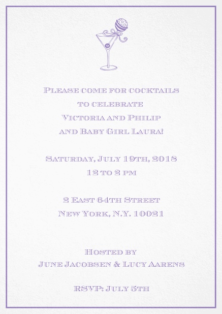 Classic cocktail invitation card with an illustrated cocktail at the top and thin elegant frame. Purple.