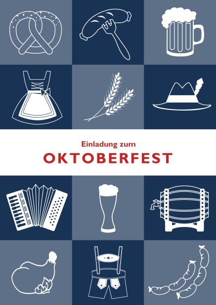 Online Oktoberfest Einladungskarte mit 12 Bildern vom Oktoberfest, wie Dirndl, Lederhosen und Bier. Blau.