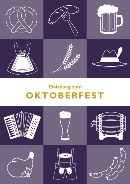 Online Oktoberfest Einladungskarte mit 12 Bildern vom Oktoberfest, wie Dirndl, Lederhosen und Bier. Lila.