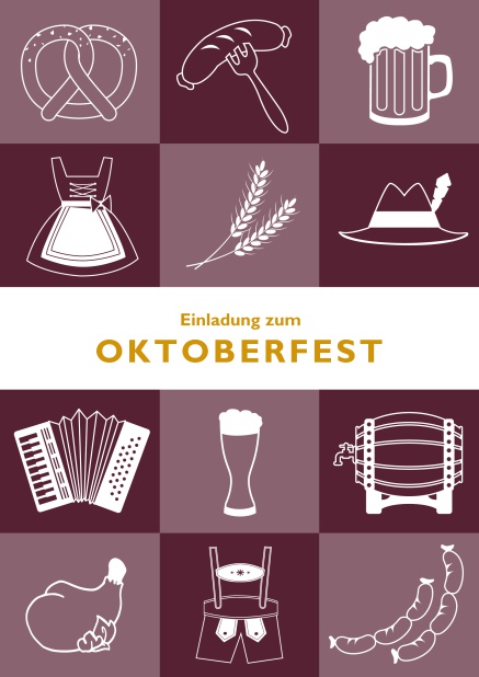 Online Oktoberfest Einladungskarte mit 12 Bildern vom Oktoberfest, wie Dirndl, Lederhosen und Bier. Rot.