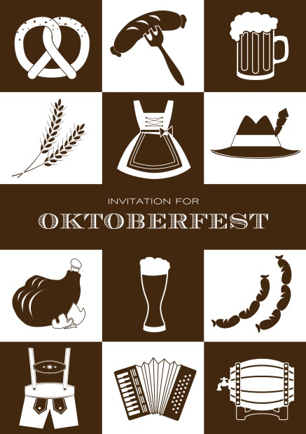 Bavarian online invitation template with classic Oktoberfest pretzels, beer, lederhosen images. Brown.