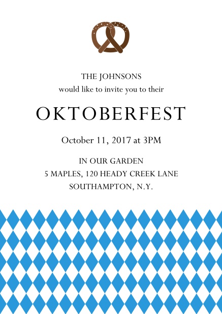 Online Oktoberfest invitation card with pretzel and bavarian flag Blue.
