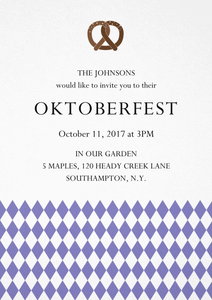 Oktoberfest invitation card with pretzel and bavarian flag Purple.