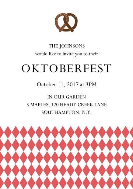 Online Oktoberfest invitation card with pretzel and bavarian flag Red.