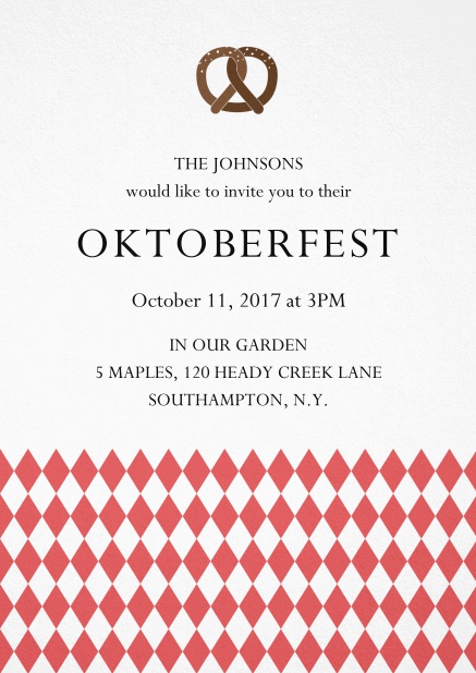 Oktoberfest invitation card with pretzel and bavarian flag Red.