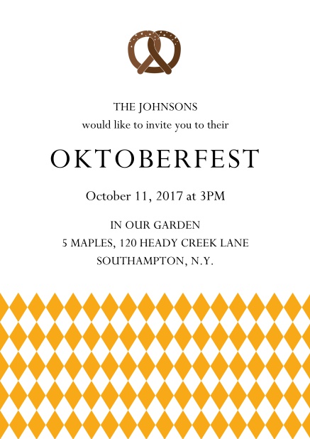 Online Oktoberfest invitation card with pretzel and bavarian flag Yellow.