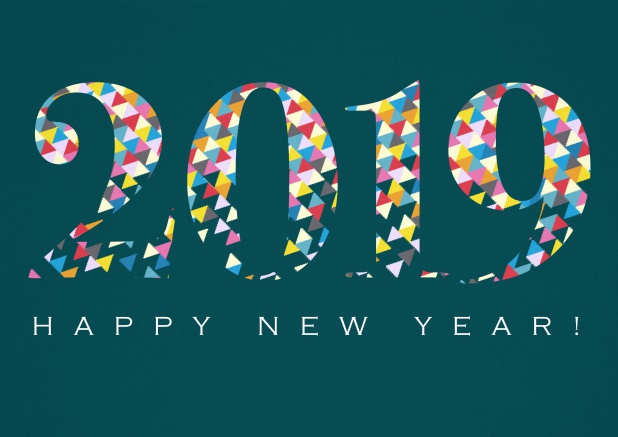 Greeting card with colorful confetti 2019 and Happy New Year text. Green.