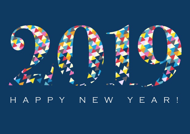 Online greeting card with colorful confetti 2019 and Happy New Year text. Navy.