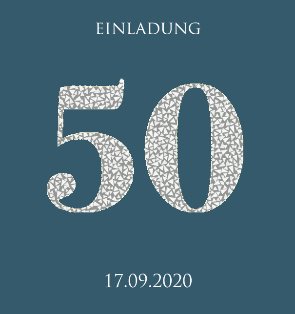 Animierte papierlose Einladungskarte zum 50. Jubiläum mit funkelnden Mosaiksteinen in Silber. Blau.