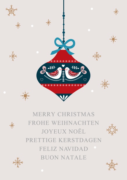 Online Weihnachtskarte mit Weihnachtskugel in rot und blau.