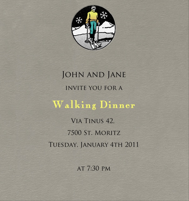 High Format Grey Themed Skiing Invitation Design with Skier scene.