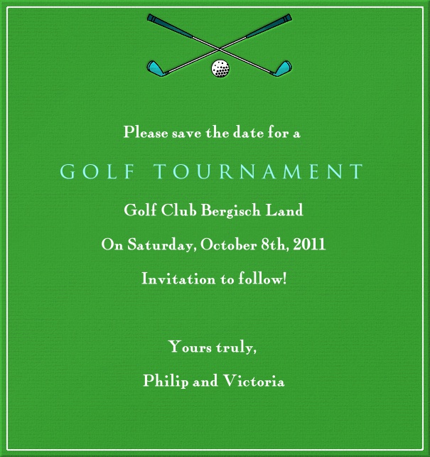 Grüne Golf Kartenvorlage mit Golfschlägern und Bällen als Sportmotiv in Hochformat mit Text zum Anpassen für Online Save the Date Sendungen.