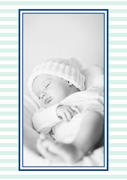 Online birth announcement with stripes and upload own photo in the middle. Green.