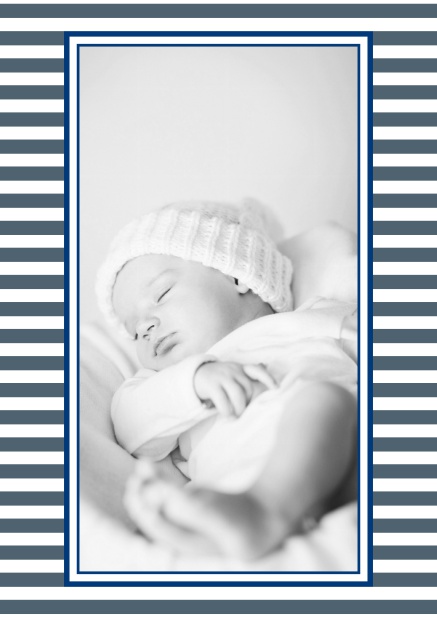 Online birth announcement with stripes and upload own photo in the middle. Navy.