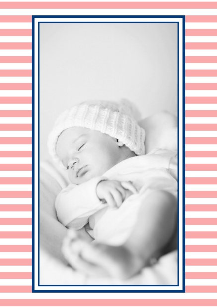 Online birth announcement with stripes and upload own photo in the middle. Red.