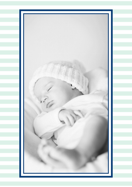 Online Geburtsanzeige mit Rahmen aus Streifen und selbst hochzuladendem Foto in der Mitte. Grün.