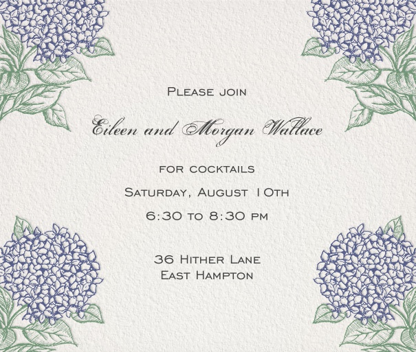 Weiße online Einladungskarte mit vier lila Blumen.
