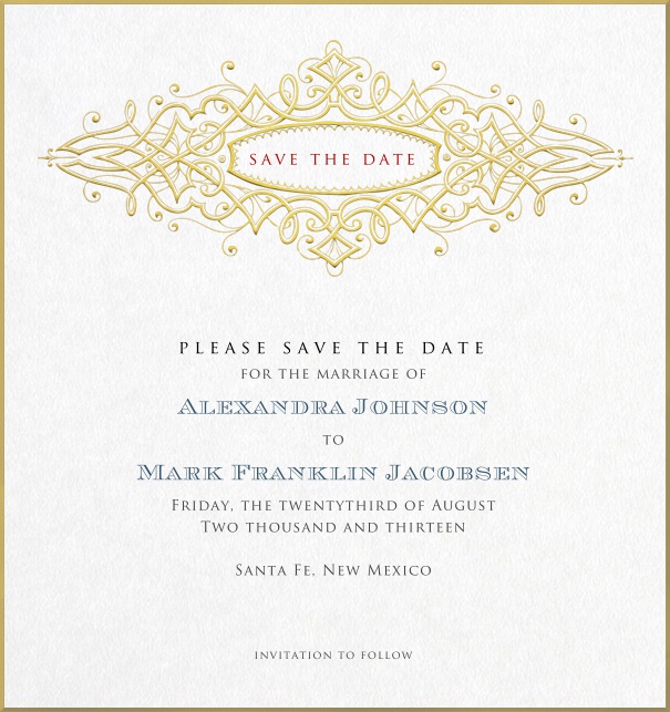Formal Corporate Save the Date Card with golden border.